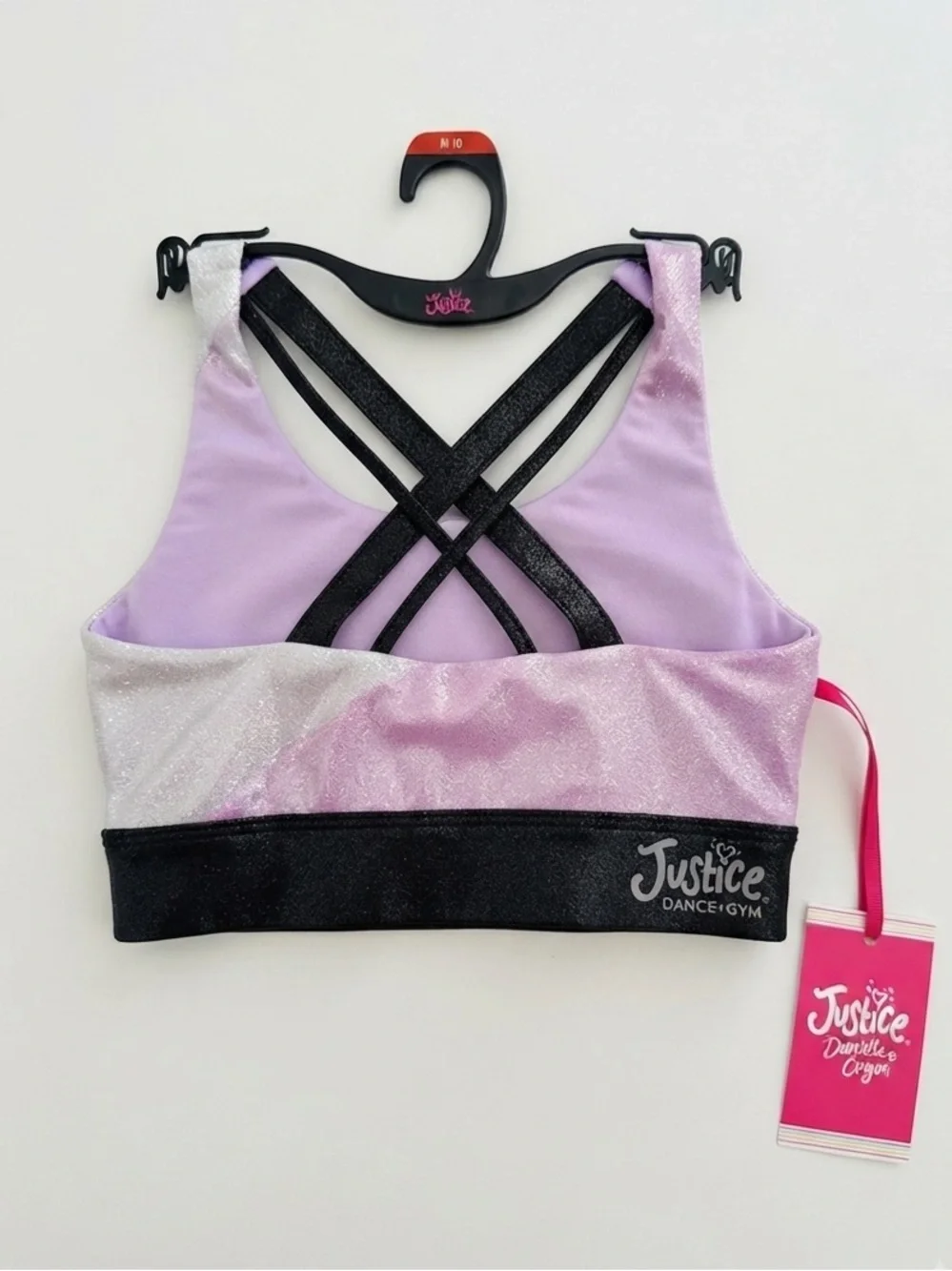 NWT: Justice Stretch Strappy Back Sports Bra for Girls Purple Black Dance Gym